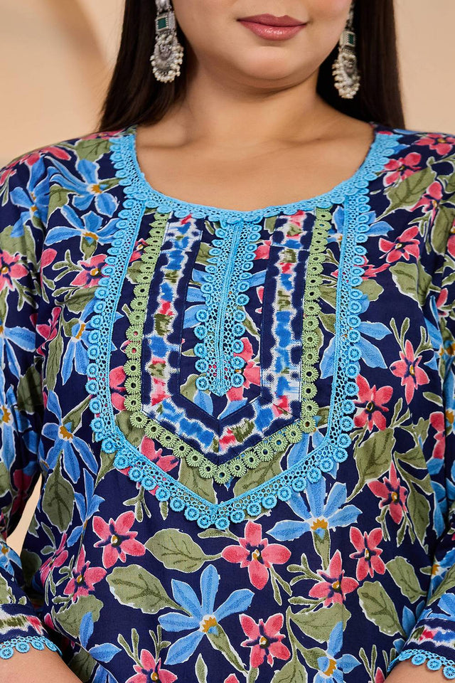 Blue Floral Printed Cotton Straight Cut Suit Set