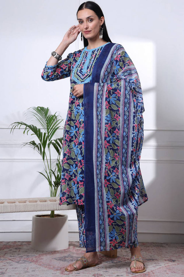 Blue Floral Printed Cotton Straight Cut Suit Set