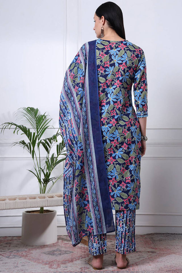 Blue Floral Printed Cotton Straight Cut Suit Set