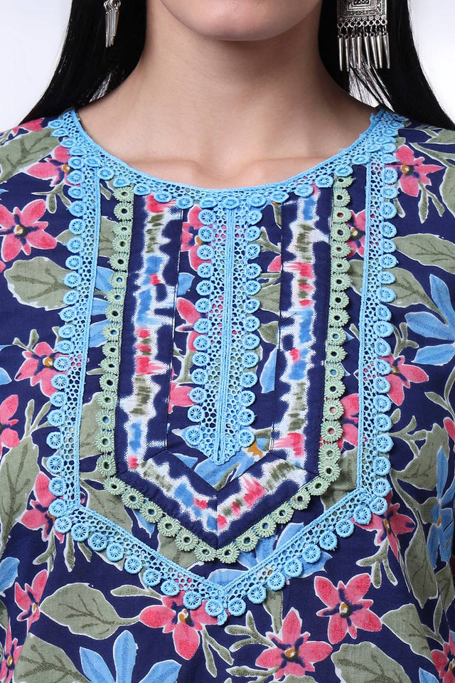 Blue Floral Printed Cotton Straight Cut Suit Set