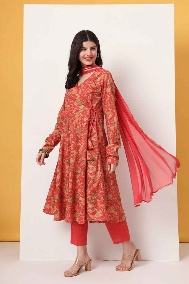 Red Floral Printed Cotton Anarkali Suit Set