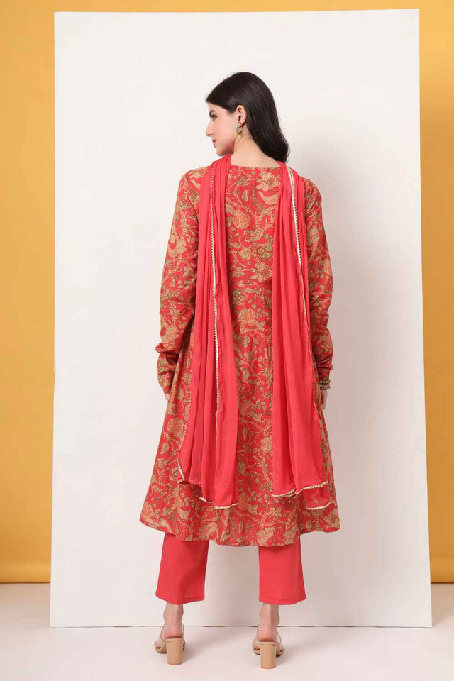 Red Floral Printed Cotton Anarkali Suit Set