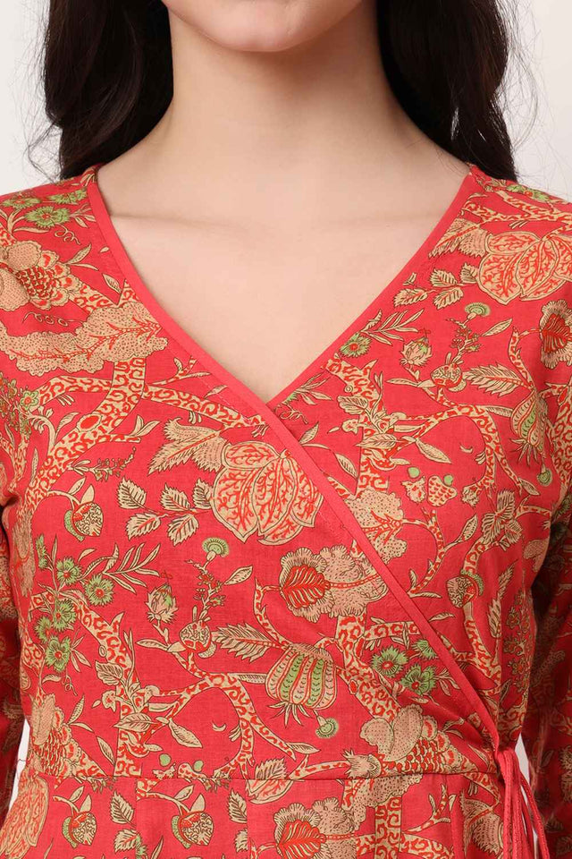 Red Floral Printed Cotton Anarkali Suit Set