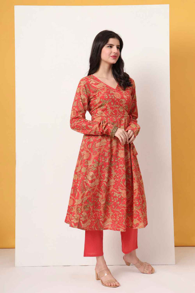 Red Floral Printed Cotton Anarkali Suit Set