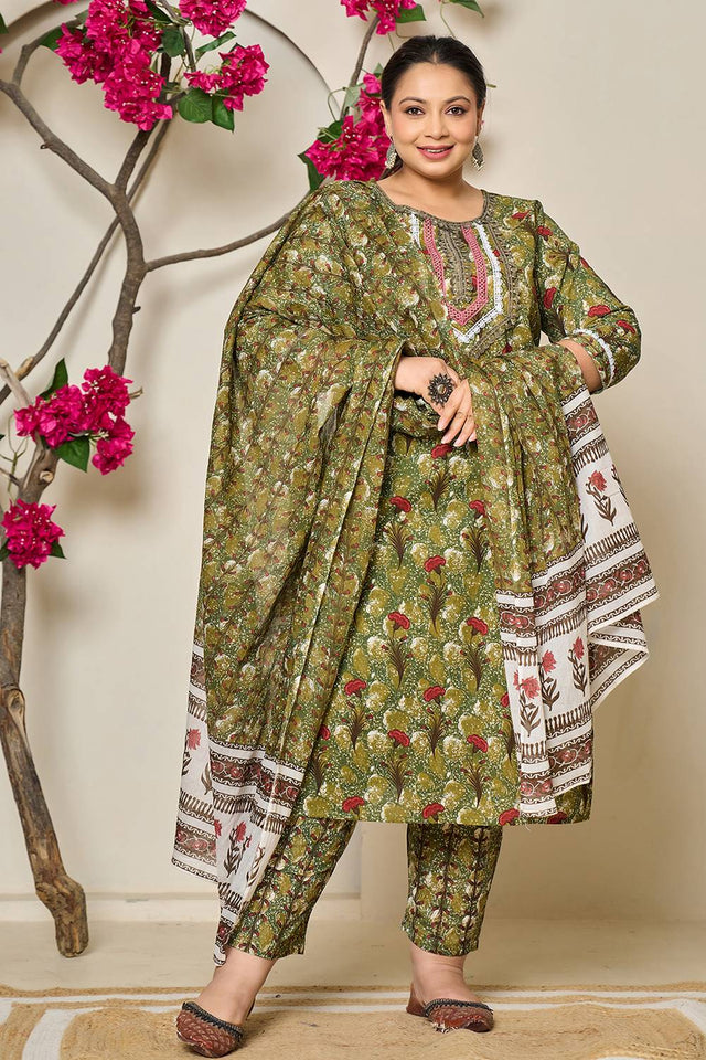 Green Floral Printed Cotton Straight Cut Suit Set
