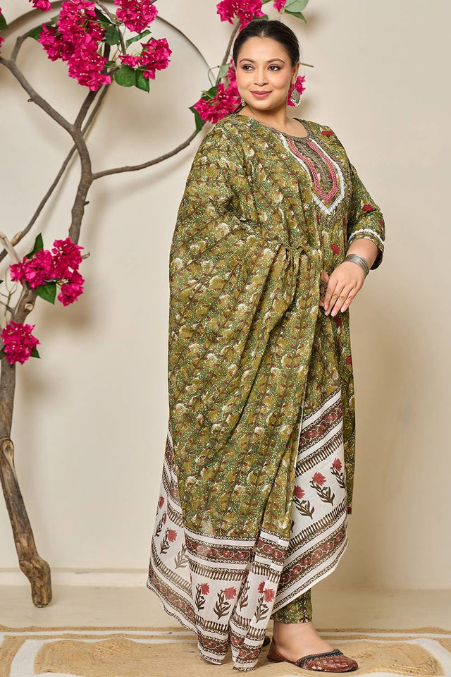 Green Floral Printed Cotton Straight Cut Suit Set