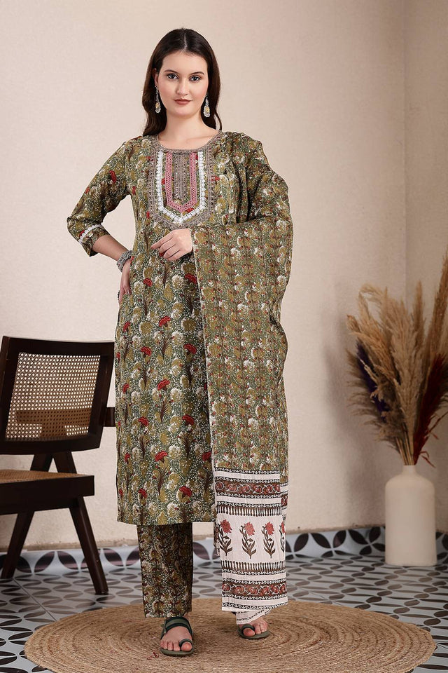Green Floral Printed Cotton Straight Cut Suit Set
