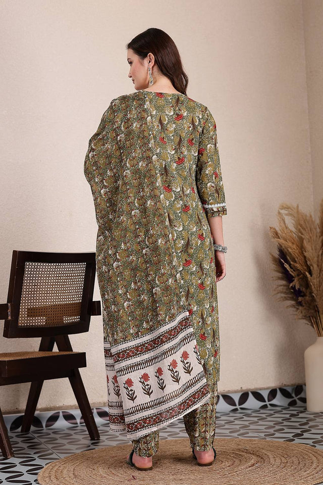 Green Floral Printed Cotton Straight Cut Suit Set