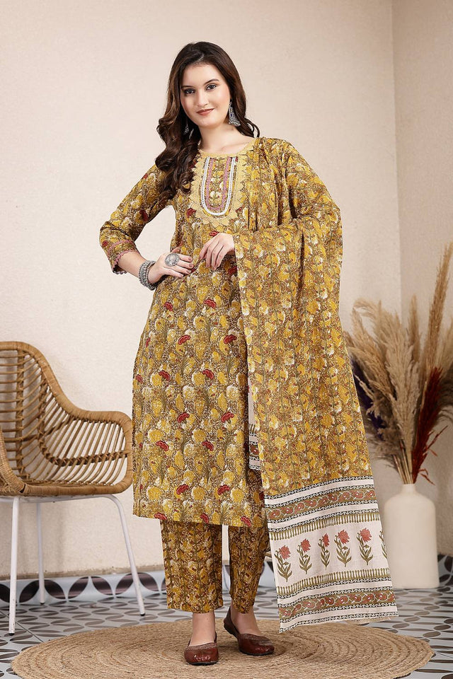 Mustard Floral Printed Cotton Straight Cut Suit Set