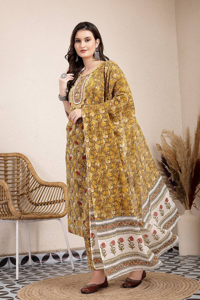 Mustard Floral Printed Cotton Straight Cut Suit Set