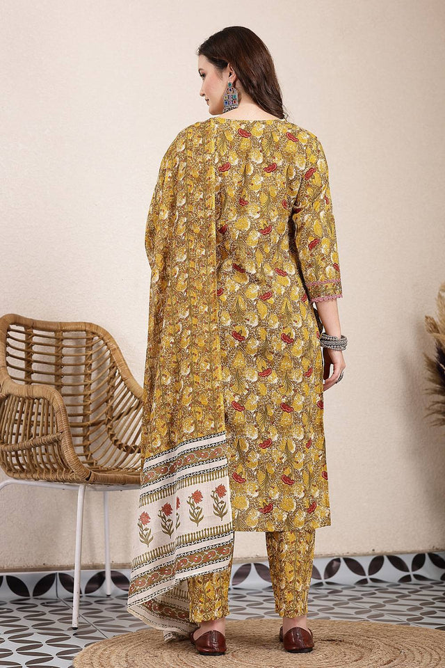 Mustard Floral Printed Cotton Straight Cut Suit Set