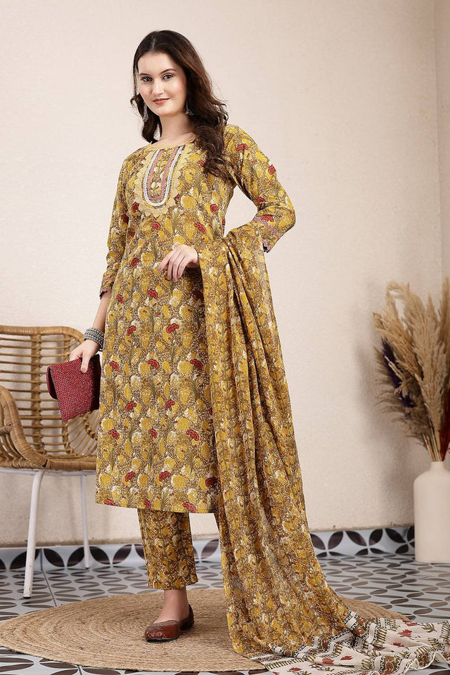 Mustard Floral Printed Cotton Straight Cut Suit Set
