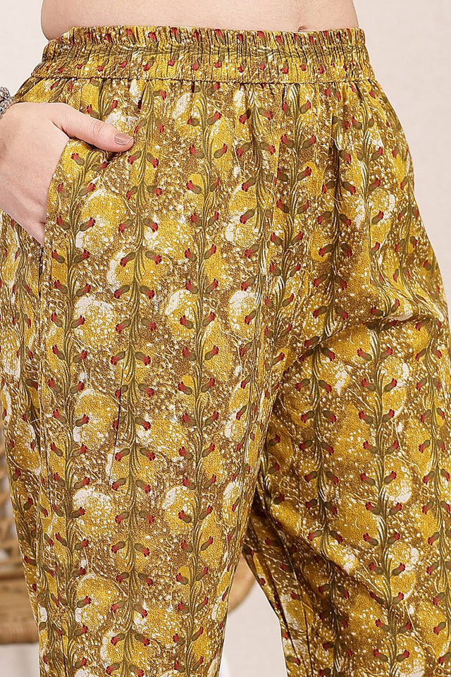 Mustard Floral Printed Cotton Straight Cut Suit Set