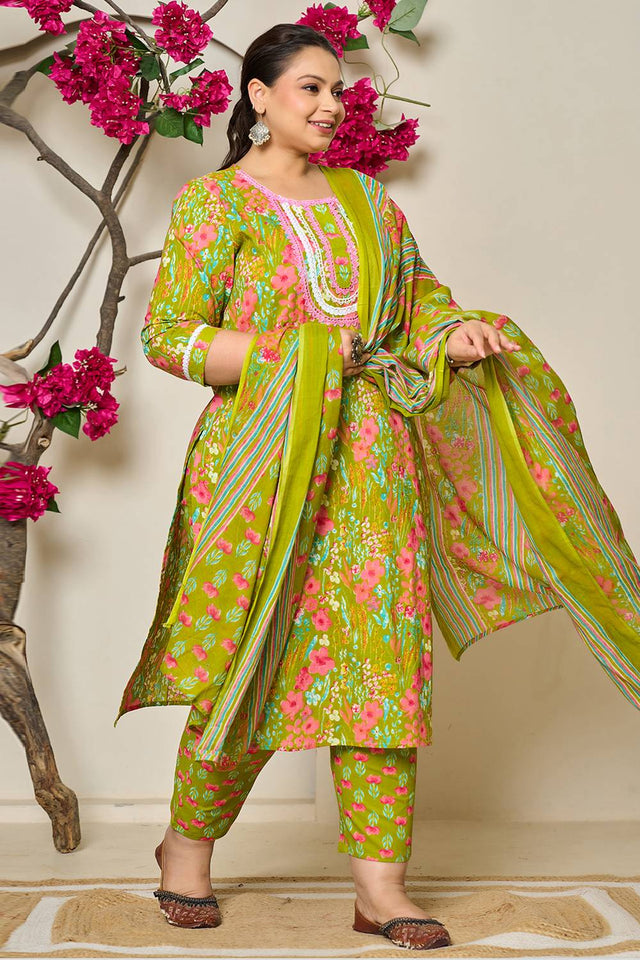 Green Floral Printed Cotton Straight Cut Suit Set
