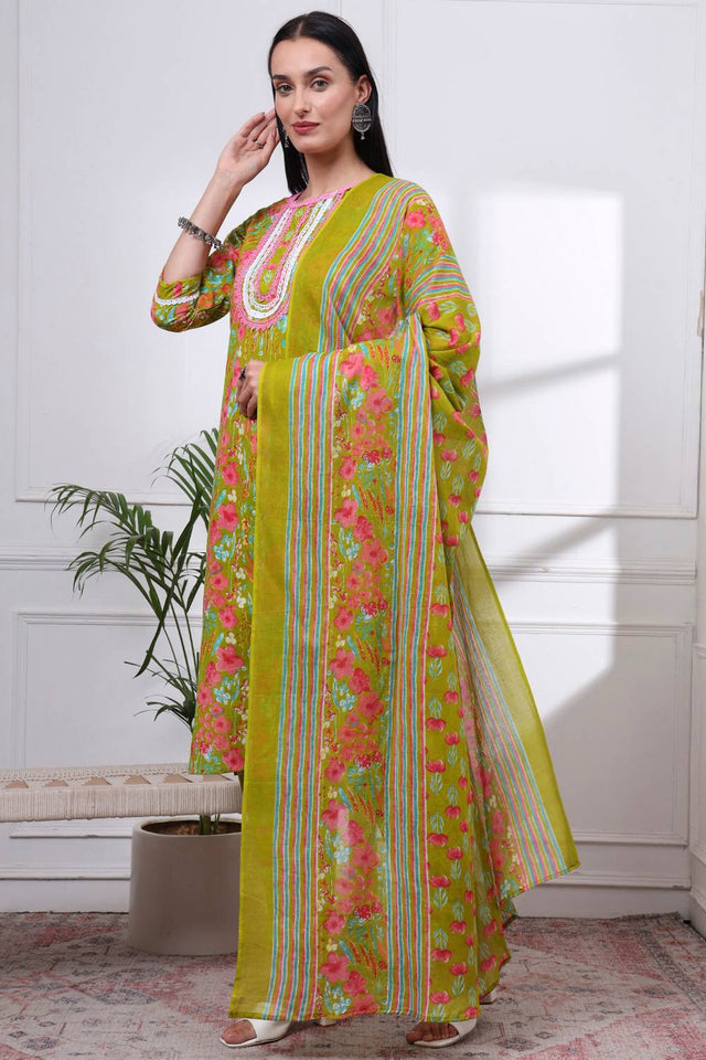 Green Floral Printed Cotton Straight Cut Suit Set