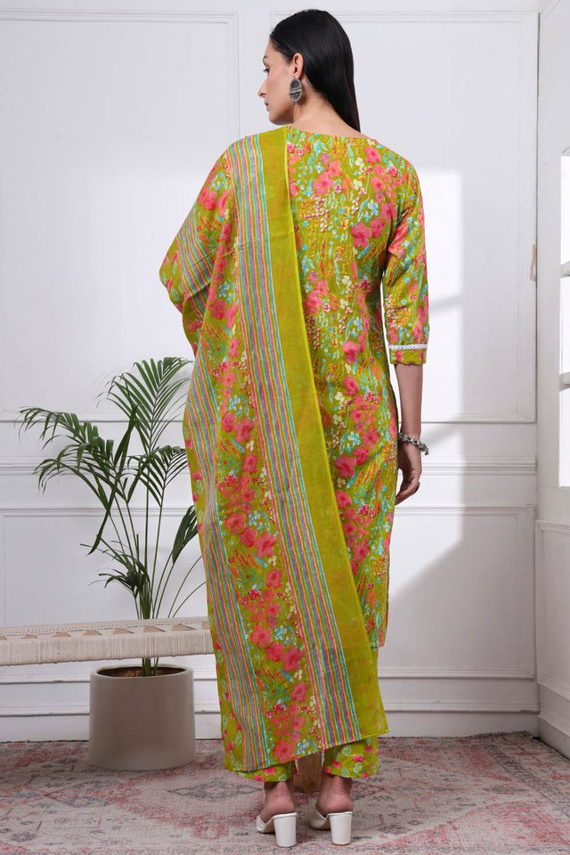 Green Floral Printed Cotton Straight Cut Suit Set