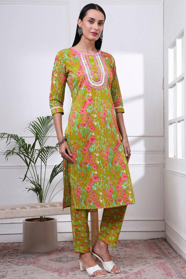 Green Floral Printed Cotton Straight Cut Suit Set