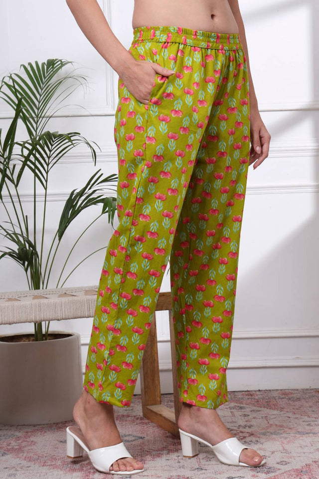 Green Floral Printed Cotton Straight Cut Suit Set