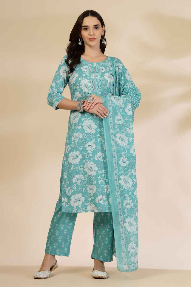 Blue Floral Printed Cotton Kurti Pant Set