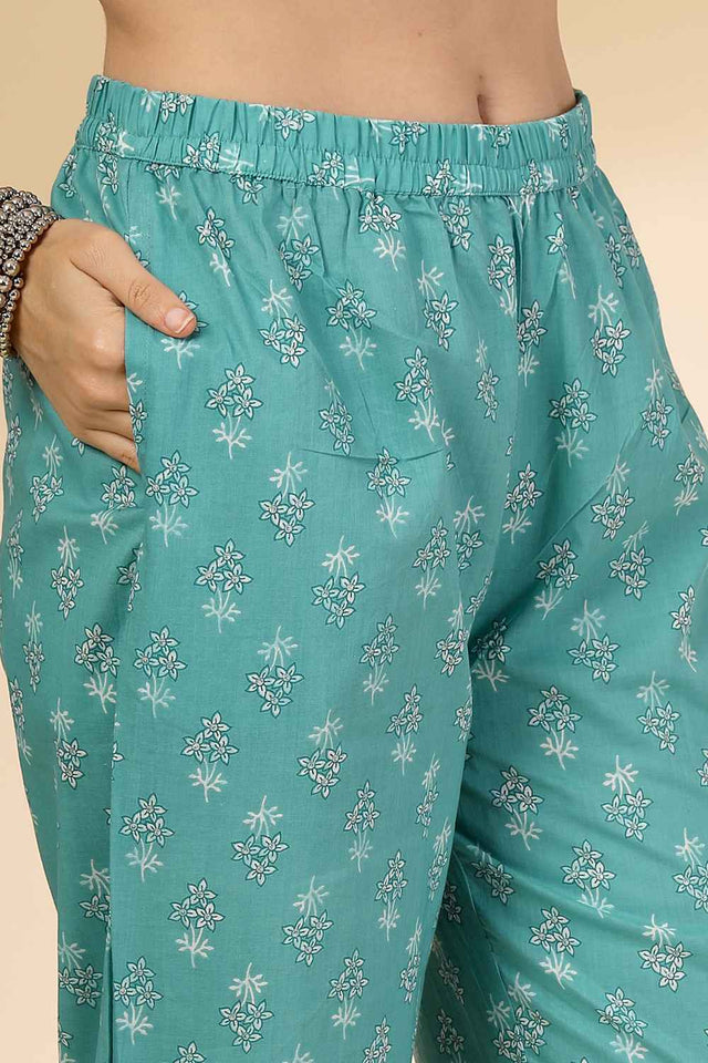 Blue Floral Printed Cotton Kurti Pant Set