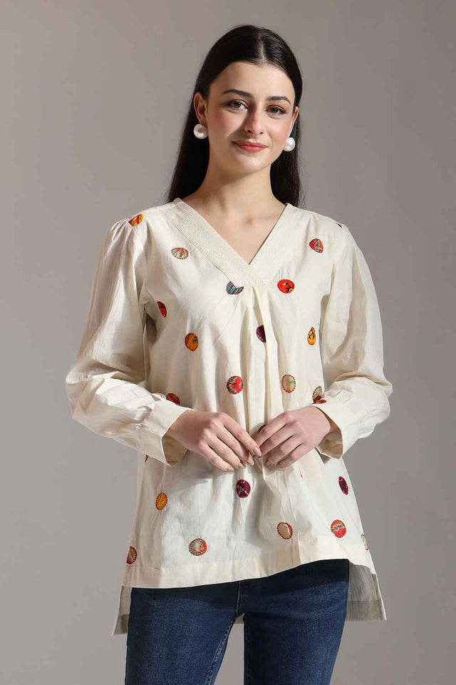 White Patchwork Pure Cotton Tops