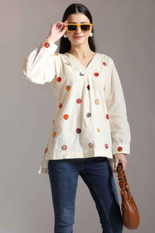 White Patchwork Pure Cotton Tops