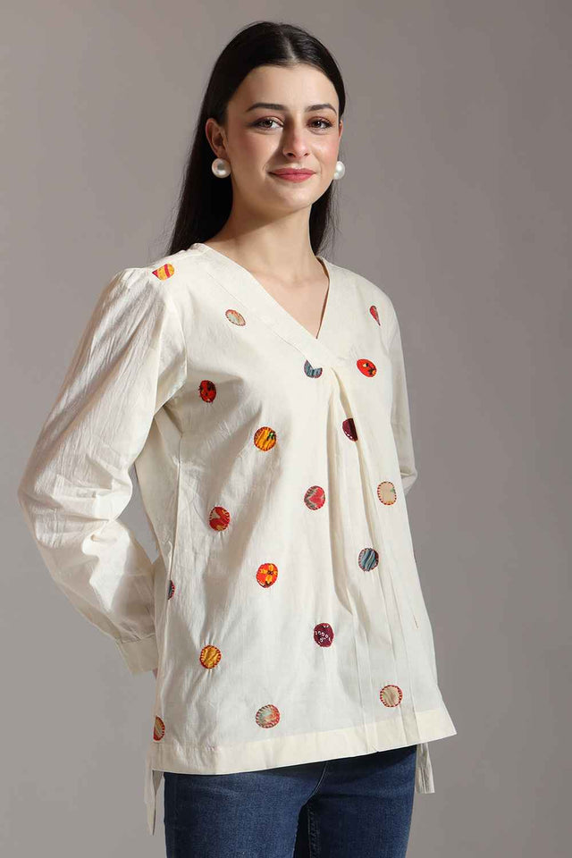 White Patchwork Pure Cotton Tops