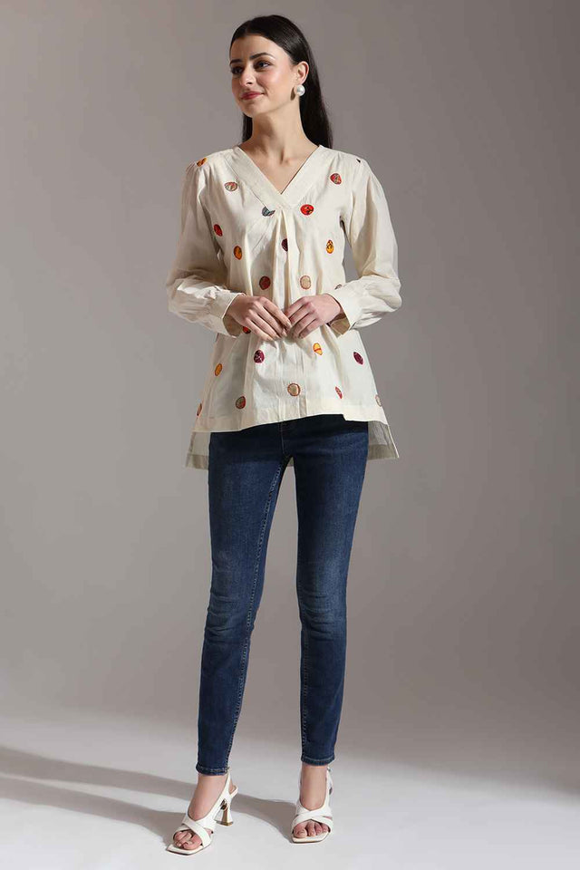 White Patchwork Pure Cotton Tops