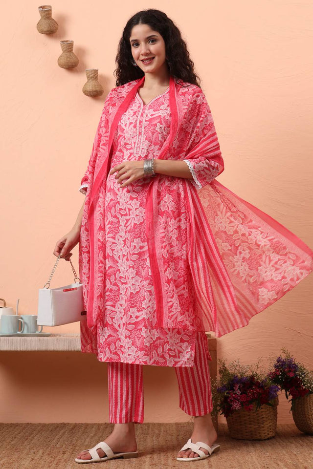 Pink Floral Printed Cotton Straight Cut Suit Set