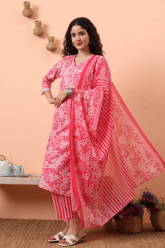 Pink Floral Printed Cotton Straight Cut Suit Set