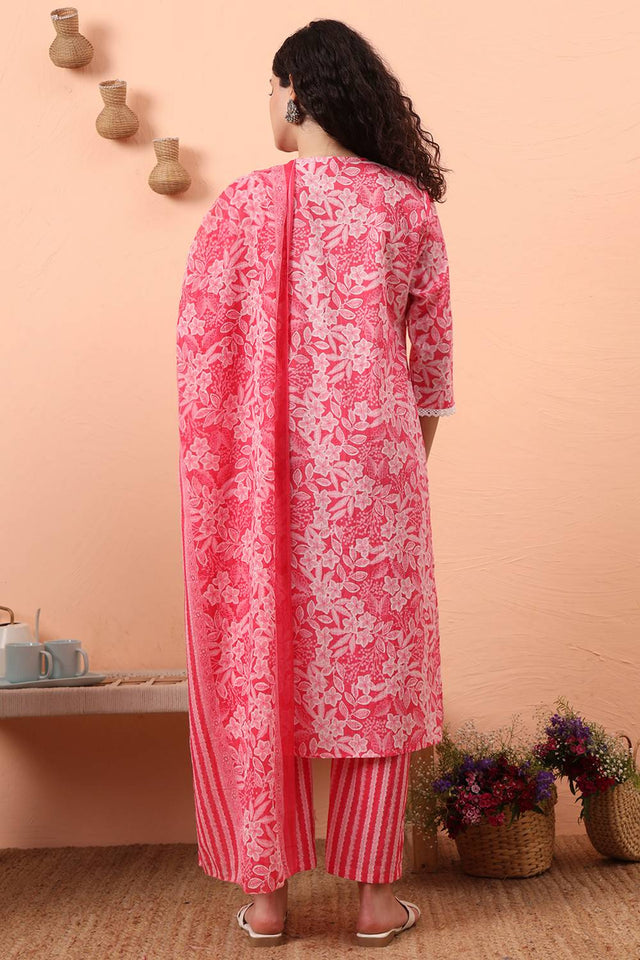 Pink Floral Printed Cotton Straight Cut Suit Set