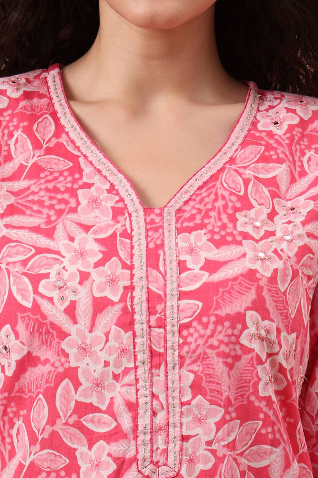 Pink Floral Printed Cotton Straight Cut Suit Set