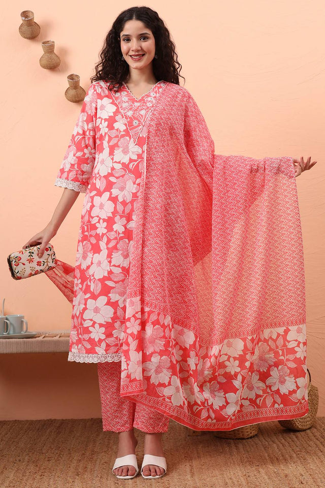 Pink Floral Printed Cotton Straight Cut Suit Set