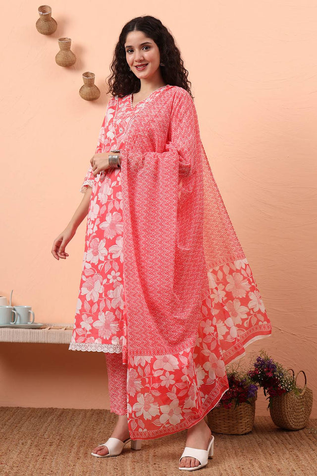 Pink Floral Printed Cotton Straight Cut Suit Set