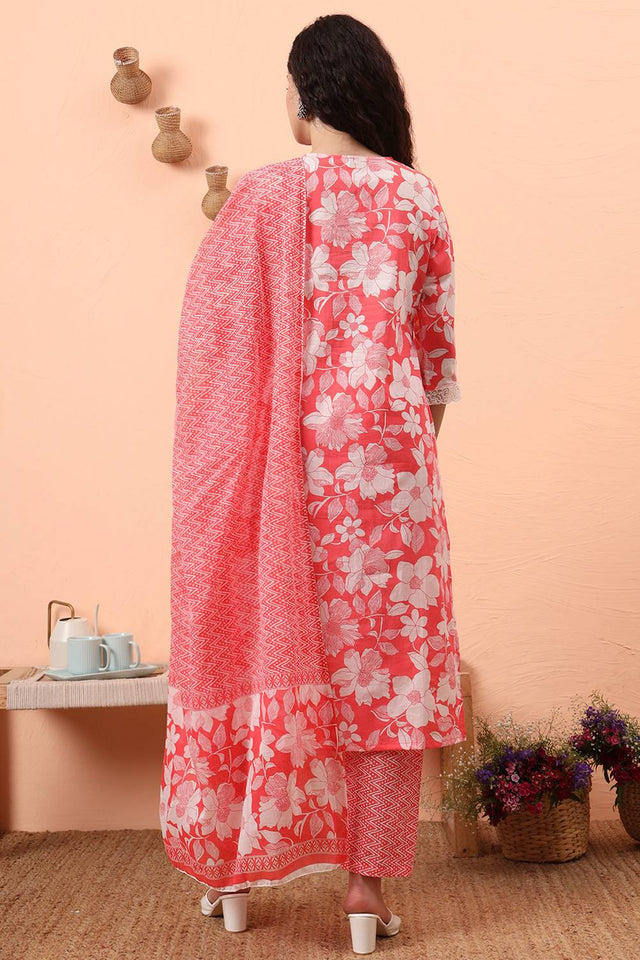 Pink Floral Printed Cotton Straight Cut Suit Set