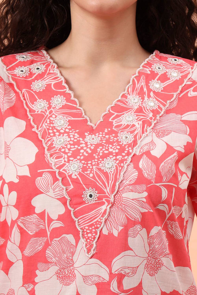 Pink Floral Printed Cotton Straight Cut Suit Set