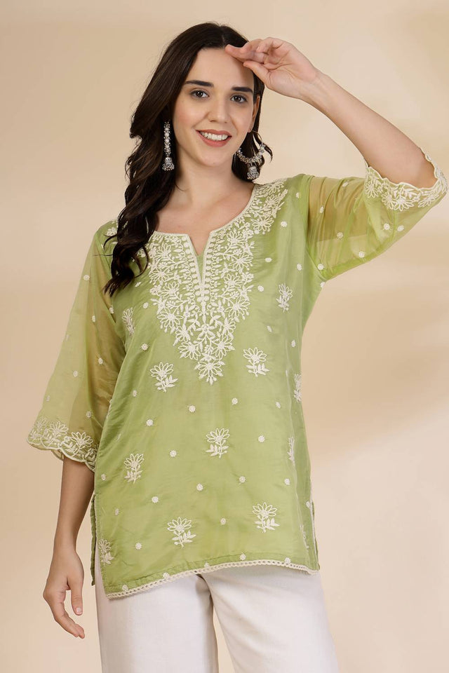 Green Embroidered Organza Tops & Tunics