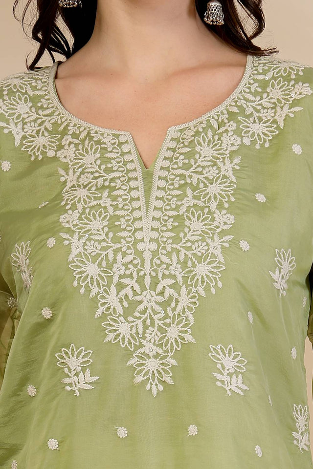 Green Embroidered Organza Tops & Tunics