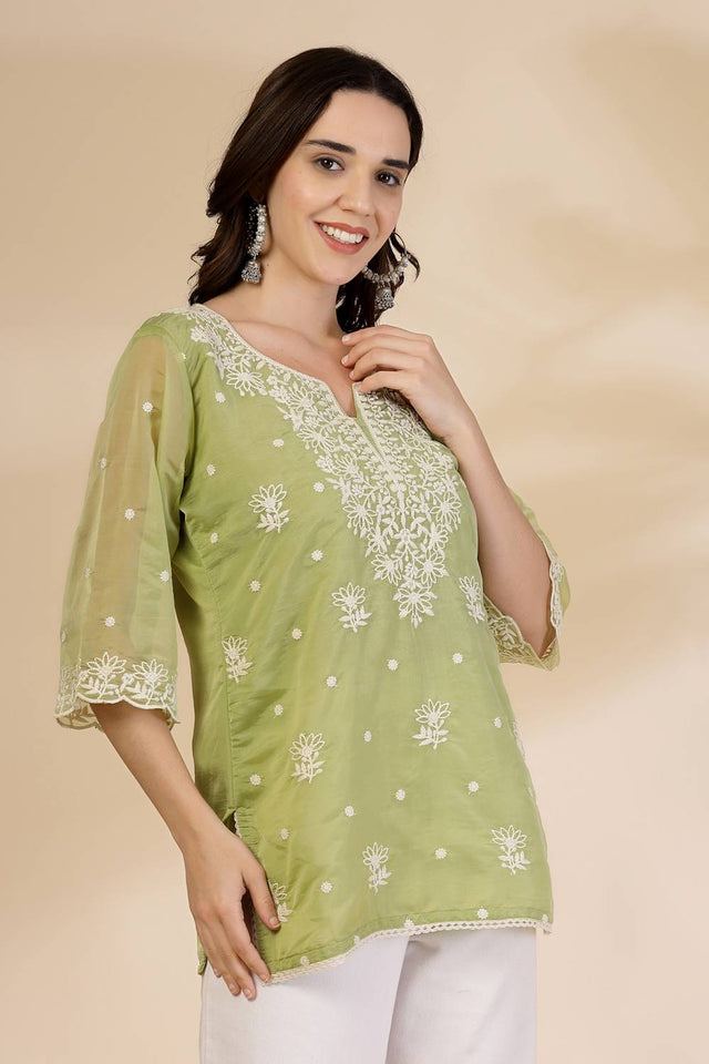 Green Embroidered Organza Tops & Tunics