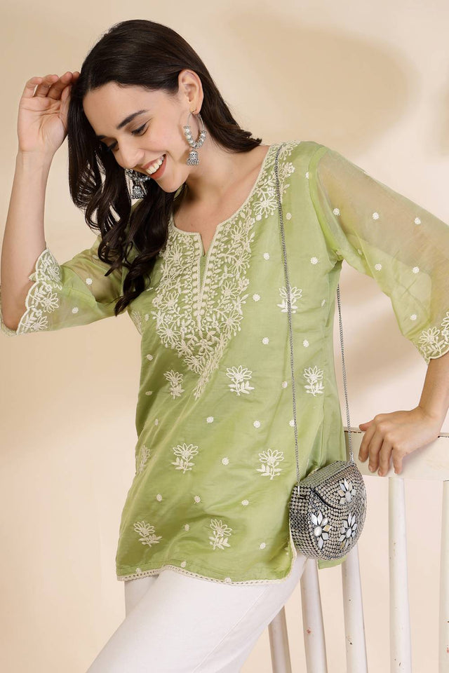 Green Embroidered Organza Tops & Tunics