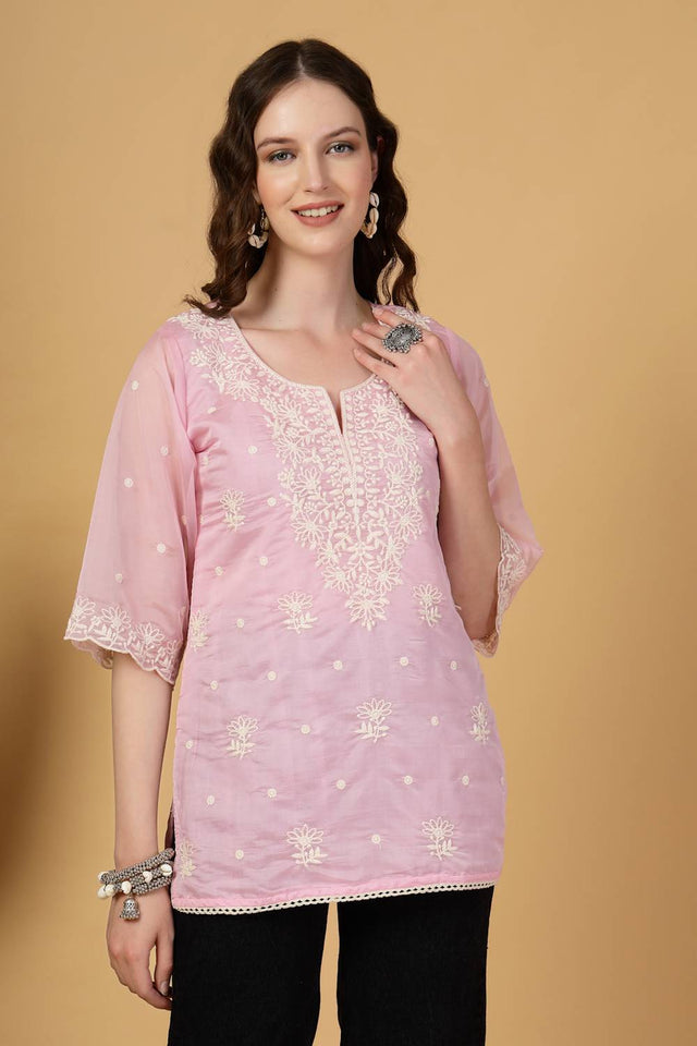 Pink Embroidered Organza Tops & Tunics
