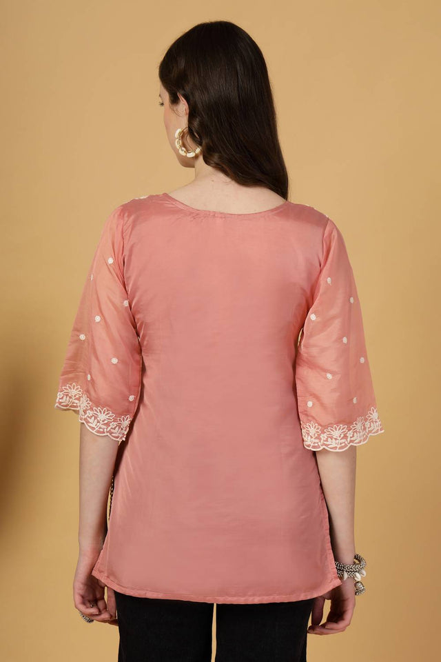 Rust Embroidered Organza Tops & Tunics
