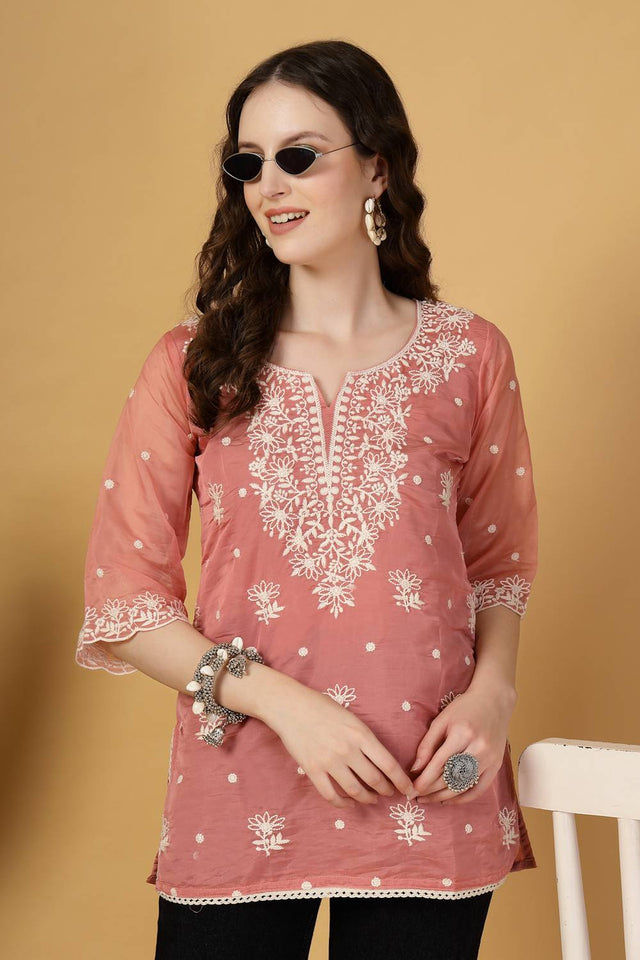 Rust Embroidered Organza Tops & Tunics