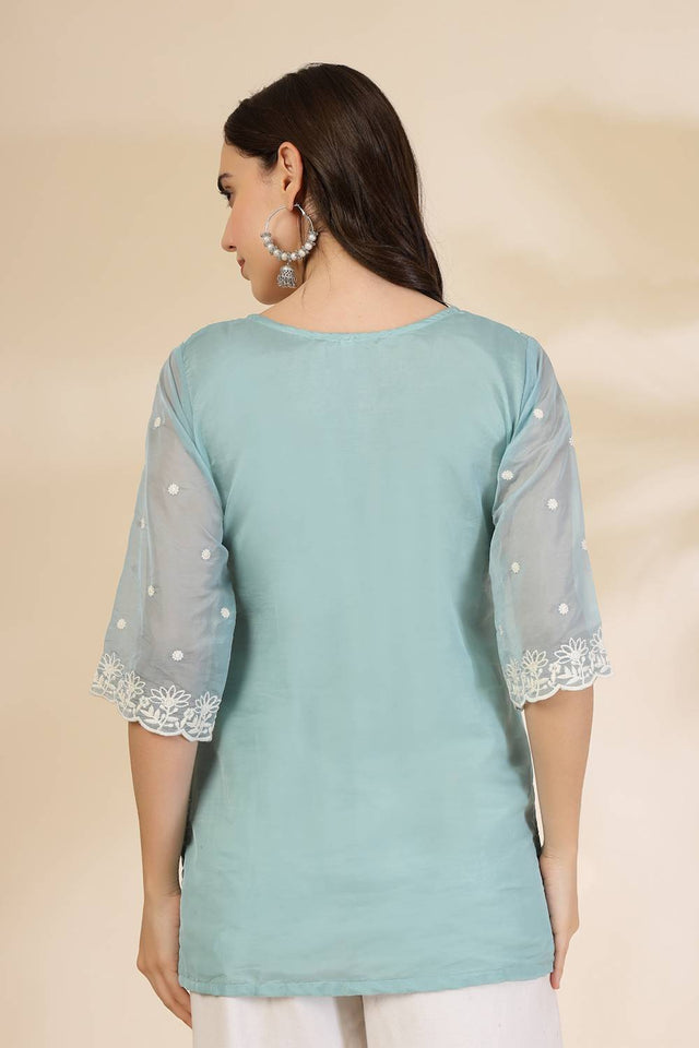 Turquoise Embroidered Organza Tops & Tunics