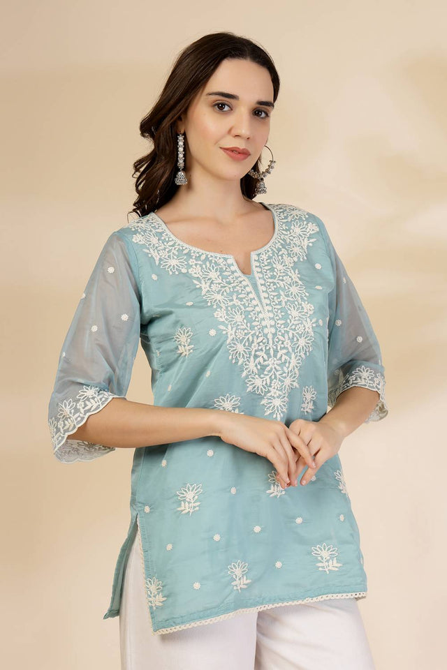 Turquoise Embroidered Organza Tops & Tunics