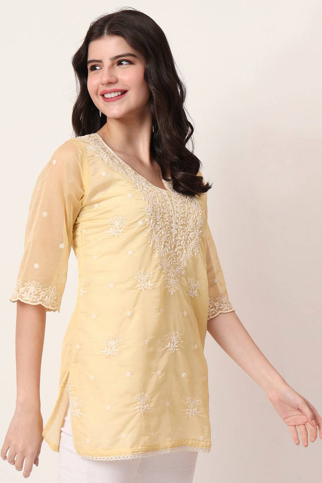 Yellow Embroidered Organza Tops & Tunics