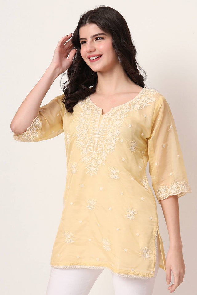 Yellow Embroidered Organza Tops & Tunics