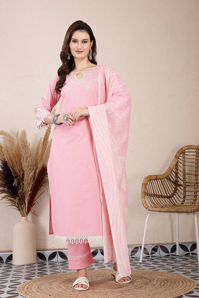 Pink Embroidered Cotton Straight Cut Suit Set
