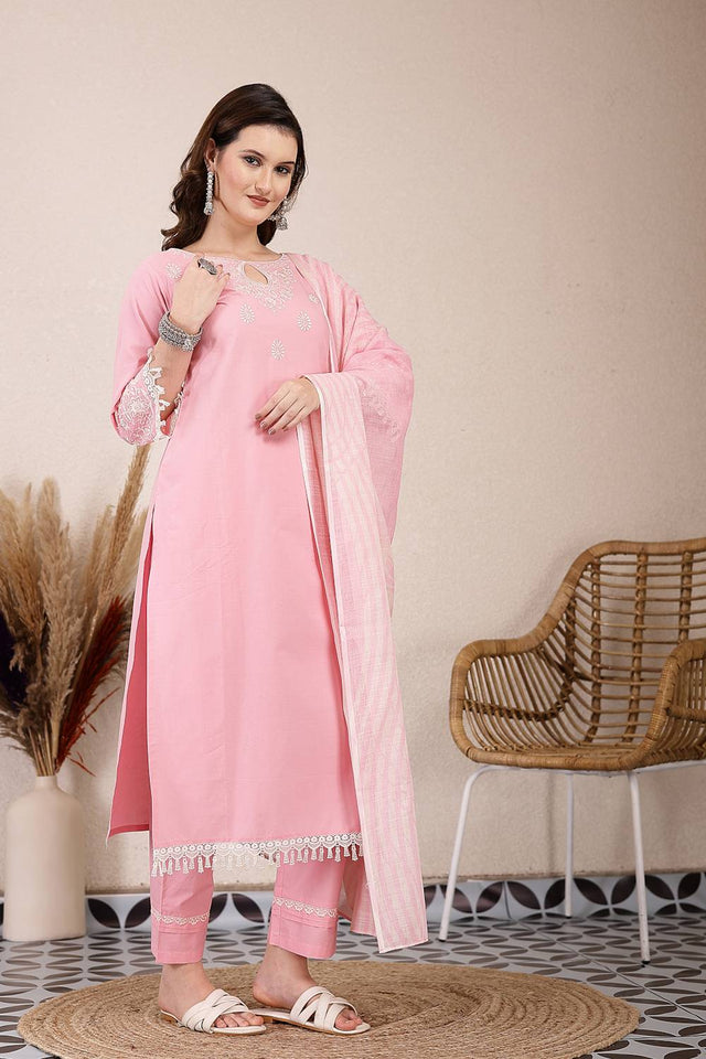 Pink Embroidered Cotton Straight Cut Suit Set