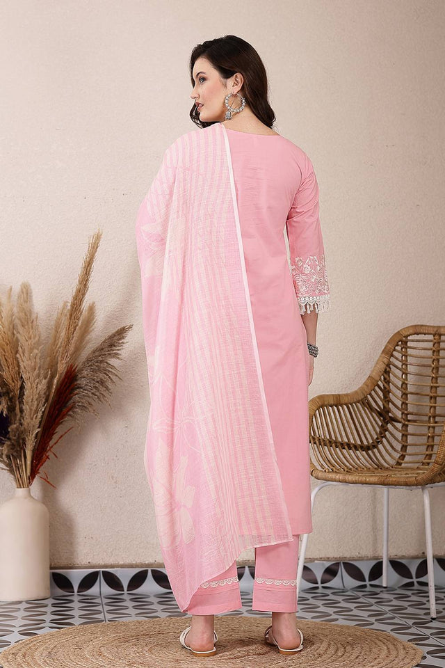 Pink Embroidered Cotton Straight Cut Suit Set